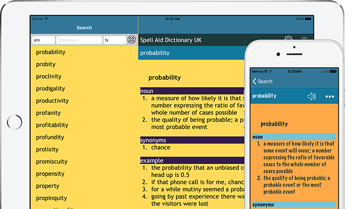 Spell Aid app displayed on an iPad and iPhone