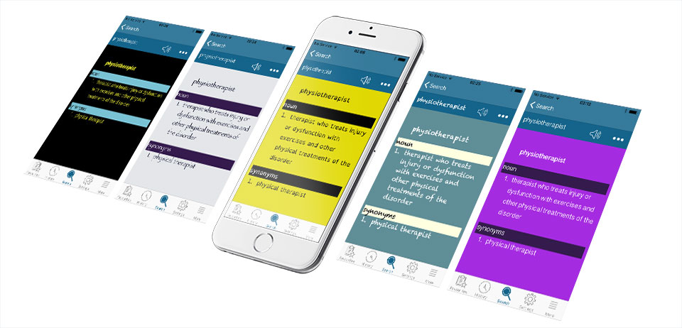 Spell Aid app screenshots showing various colour schemes Spell Aid assistive technology app screenshots showing various colour schemes