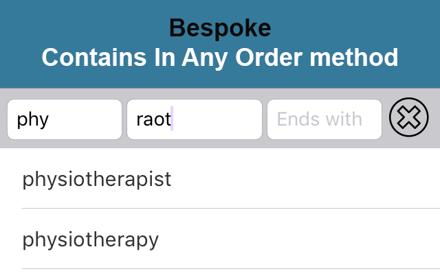 Spell Aid screenshot showing the bespoke search in any order method Spell Aid assistive technology app showing the bespoke search in any order method in action